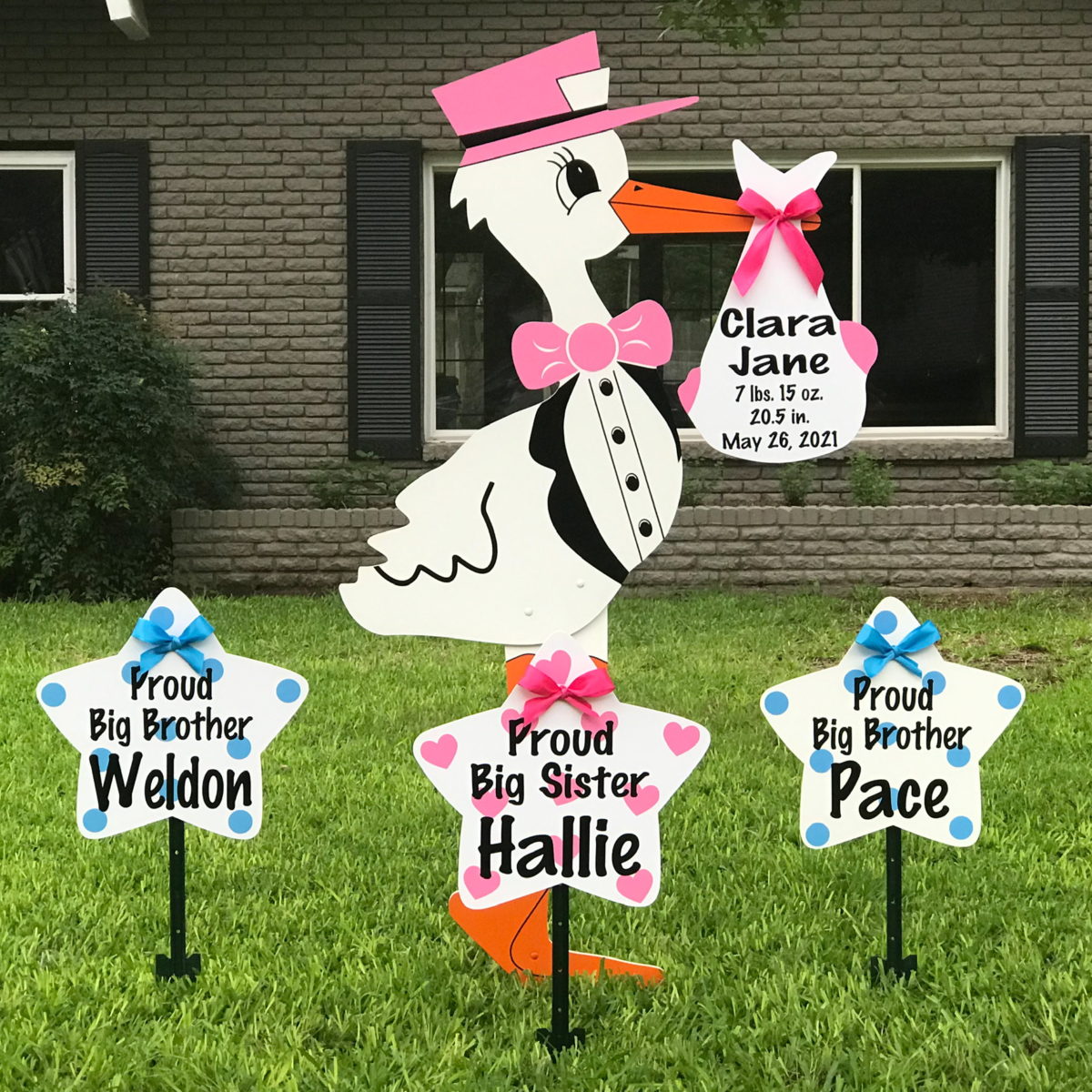 Pink Stork Sign with SIbling Stars: South Bay Storks - Stork Sign Rentals in Los Angeles County, CA